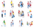 Isometric family, parents play and walk with children. Families walk in park, reading books or having dinner vector