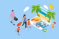 Isometric family summer travel concept. Father with kids on the beach enjoying summer. Family vacation
