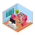 Isometric family time. Vector parents and kids watching TV and playing. Happy parenthood illustration