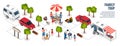 Isometric family trip infographics with flowchart of tree icons cars with camper vans people and text illustration