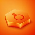 Isometric Fantasy magic stone ring with gem icon isolated on orange background. Orange hexagon button. Vector