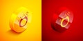 Isometric Fantasy magic stone ring with gem icon isolated on orange and red background. Circle button. Vector