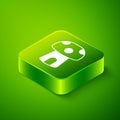 Isometric Fantasy mushroom house icon isolated on green background. Fairytale house. Green square button. Vector