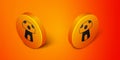 Isometric Fantasy mushroom house icon isolated on orange background. Fairytale house. Orange circle button. Vector