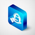Isometric Farm house in hand icon isolated on grey background. Blue square button. Vector Royalty Free Stock Photo
