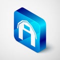 Isometric Farm house icon isolated on grey background. Blue square button. Vector Royalty Free Stock Photo
