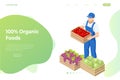 Isometric farmer holding a box with apples, cabbage and grapes. Farmer with freshly harvested apples in wooden box