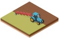 Isometric Farming plowing the field in spring. Farmer in agricultural tractor at work. Tractor ploughing field. Royalty Free Stock Photo