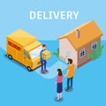 Isometric Fast Express and Delivery. Courier shipping to couple woman and man a cardboard box. Free shipping, product Royalty Free Stock Photo