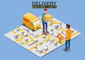 Isometric Fast Express and Delivery. Courier shipping to man a cardboard box. Free shipping, product goods 24 hour Royalty Free Stock Photo