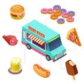 Isometric fast food truck, burger, donuts, beer, bbq vector elements