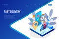 Isometric Fast and Free Delivery by Man Ride Scooter concept. Food service. Website Banner, vector illustration