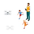 Isometric father with children launches a drone. Outdoor recreation Leisure for family. Birthday gift.