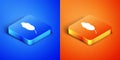 Isometric Feather icon isolated on blue and orange background. Square button. Vector