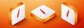 Isometric Feather pen icon isolated on orange background. Orange square button. Vector