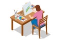 Isometric Female artist painting on canvas at home. Painting, drawing and artwork concept. Art, creativity, hobby, job