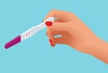 Isometric female hand is holding a pregnancy test with positive result as a two lines. Planning a baby, motherhood and
