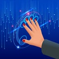 Isometric female hand in virtual reality or big data visualization concept. Digital technology.