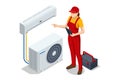 Isometric female technician inspecting split air conditioner system with tablet. Concept of diagnostics, Maintenance Royalty Free Stock Photo