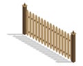 Isometric fence icon. Urban real estate boundary element. Spans fences of wooded and steel materials. For gaming