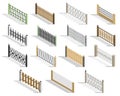 Isometric fences icon set. Urban real estate boundary elements. Spans fences of various materials. For gaming