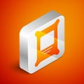 Isometric Fertilizer bag icon isolated on orange background. Silver square button. Vector