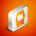 Isometric Fertilizer bag icon isolated on orange background. Silver square button. Vector