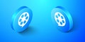 Isometric Film reel icon isolated on blue background. Blue circle button. Vector