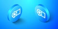 Isometric Film reel and play video movie film icon isolated on blue background. Blue circle button. Vector Royalty Free Stock Photo