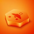 Isometric Filter setting icon isolated on orange background. Orange hexagon button. Vector