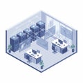 An isometric fintech platform interface with secure servers, blockchain nodes, and financial charts integrated into a clean office Royalty Free Stock Photo