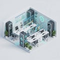 An isometric fintech platform interface with secure servers, blockchain nodes, and financial charts integrated into a clean office Royalty Free Stock Photo