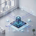 An isometric fintech platform interface with secure servers, blockchain nodes, and financial charts integrated into a clean office Royalty Free Stock Photo