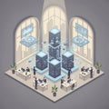 An isometric fintech platform interface with secure servers, blockchain nodes, and financial charts integrated into a clean office Royalty Free Stock Photo