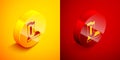 Isometric Fire boots icon isolated on orange and red background. Circle button. Vector