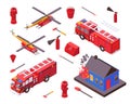 Isometric fire safety, firefighter equipment vector illustration, gear of fire station department set isolated on white Royalty Free Stock Photo