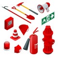 Isometric Fire safety and protection. Flat icons extinguisher, hose, flame, hydrant, protective helmet, alarm, axe Royalty Free Stock Photo