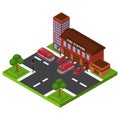 Isometric fire station, emergency department building, red truck rescue service, design, cartoon style vector