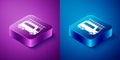 Isometric Fire truck icon isolated on blue and purple background. Fire engine. Firefighters emergency vehicle. Square