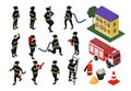 Isometric firefighter vector illustrations, cartoon 3d people in uniform with firefighting hose equipment set isolated