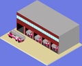 Isometric firehouse and fire truck in vecto