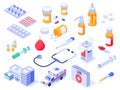 Isometric first aid kit. Health care medical pills, pharmacy medicines and drug bottles. Hospital ambulance 3d isolated Royalty Free Stock Photo