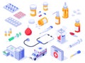 Isometric first aid kit. Health care medical pills, pharmacy medicines and drug bottles. Hospital ambulance 3d isolated vector set Royalty Free Stock Photo