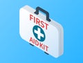 Isometric first aid kit isolated on blue background. Medical examination. Health care design in flat style. First aid kit box with Royalty Free Stock Photo