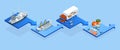 Isometric Fish industry seafood concept. Commercial fishing. Sea fishing, ship marine industry, fish boat.