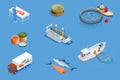 Isometric Fish industry seafood concept. Commercial fishing. Sea fishing, ship marine industry, fish boat.