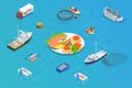 Isometric Fish industry seafood concept. Commercial fishing. Sea fishing, ship marine industry, fish boat.