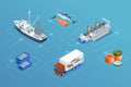 Isometric Fish industry seafood concept. Commercial fishing. Sea fishing, ship marine industry, fish boat.