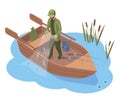 Isometric fisherman character fishing in river used fishing equipment. Fisherman catches fish using fishing equipment