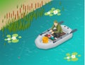 Isometric fisherman with a fishing rod sits in an inflatable boat and catches fish on a lake or river. Fisherman sitting